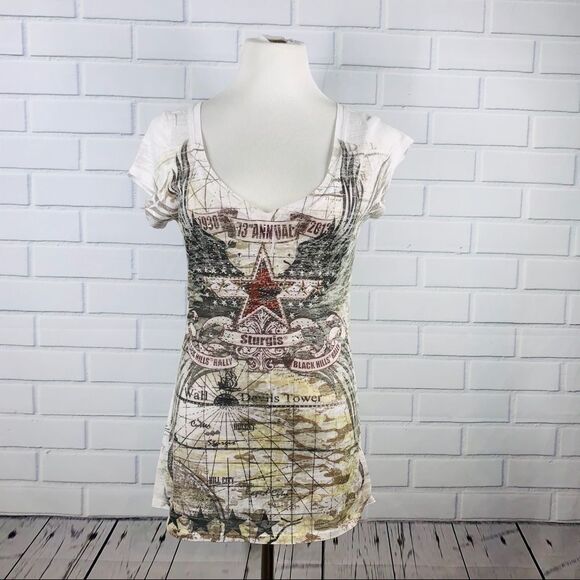 NWT Noble Wear Sturgis White Rhinestone Burnout Tee - Size XL - Picture 1 of 9